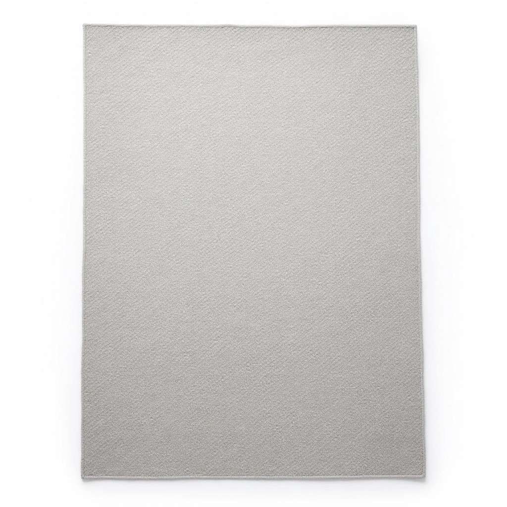 Modern grey wool-blend area rug with subtle geometric pattern, rectangular shape, flat lay view, soft texture visible, neutral background