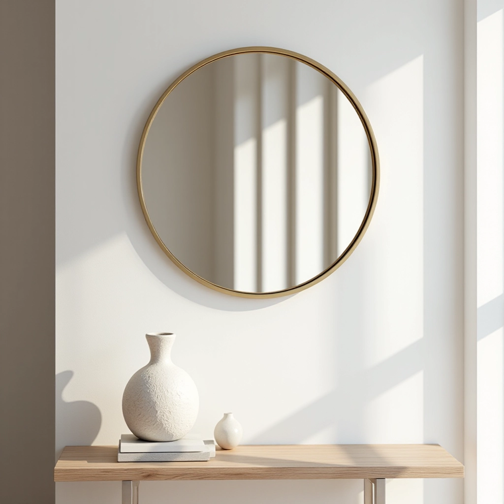 Brushed brass mirror mounted in modern apartment entryway, reflecting natural light and interior space, warm brass tones visible, mounted on white wall, sharp focus on frame texture