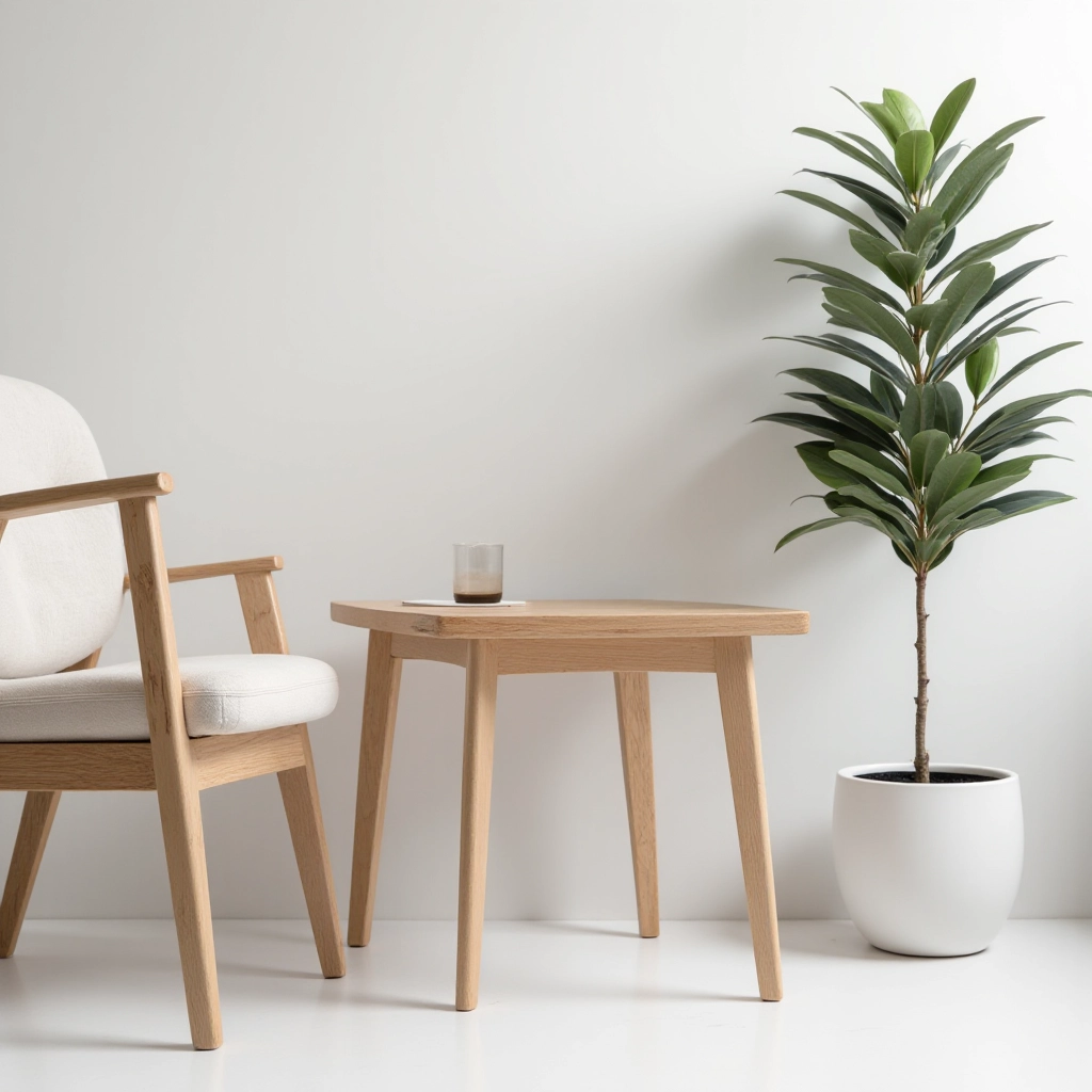 Side table positioned next to a comfortable reading chair in a bright apartment living room, showing scale and placement