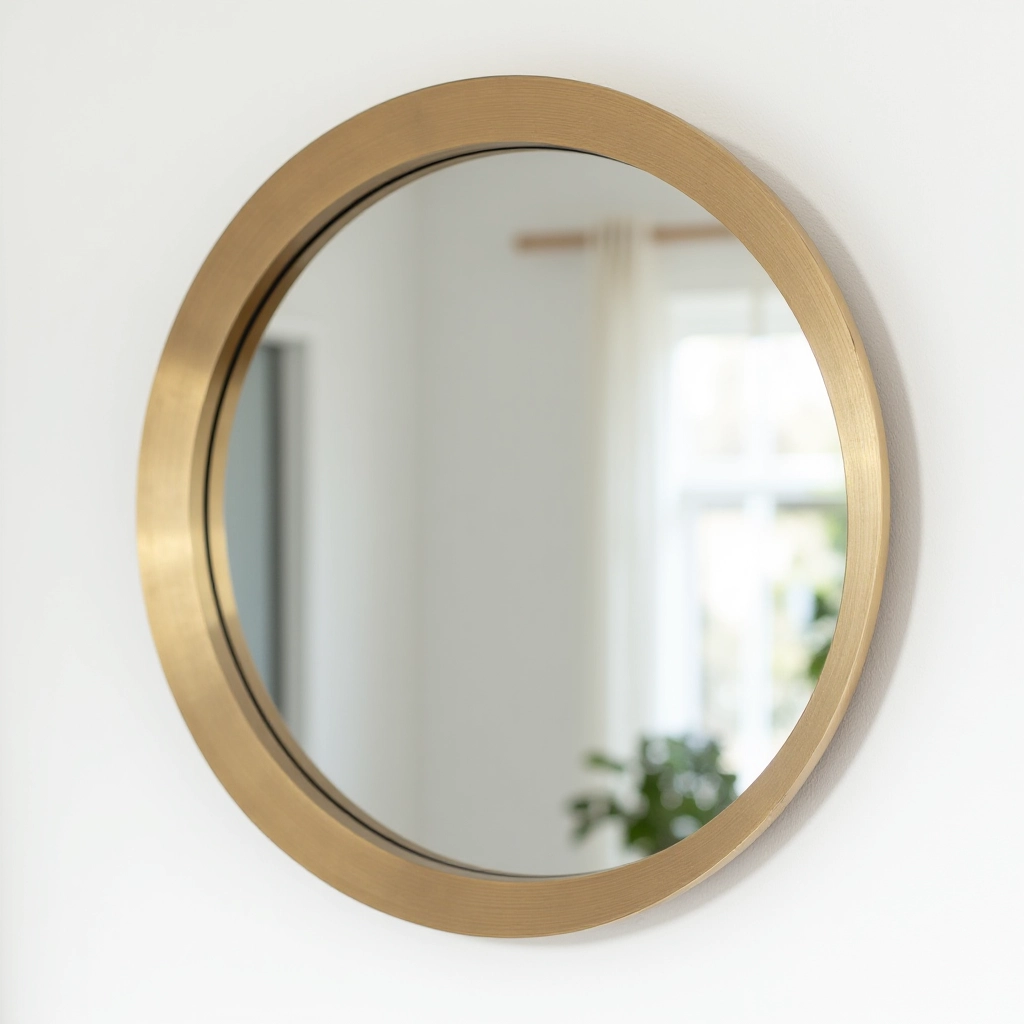 Round mirror with brushed brass metal frame, 60cm diameter, contemporary design, reflective surface, front view, studio lighting, clean background