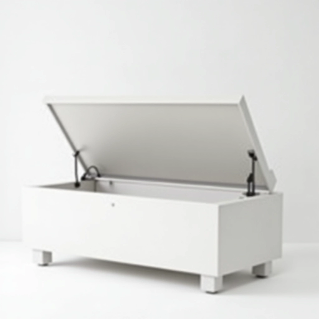 Storage bench interior compartment open, showing spacious storage capacity, white interior finish, organized storage items inside, natural lighting